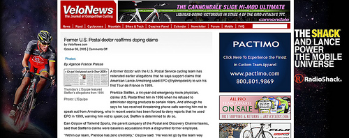 Velonews screenshot with Lance Armstrong/RadioShack ad