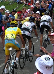 Contador trailing the Schlecks on a climb