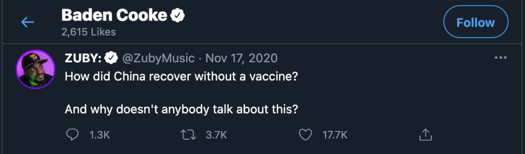 A Tweet Liked by @BadenCooke from @ZubyMusic: "How did China recover without vaccine? And why doesn't anybody talk about this?"
