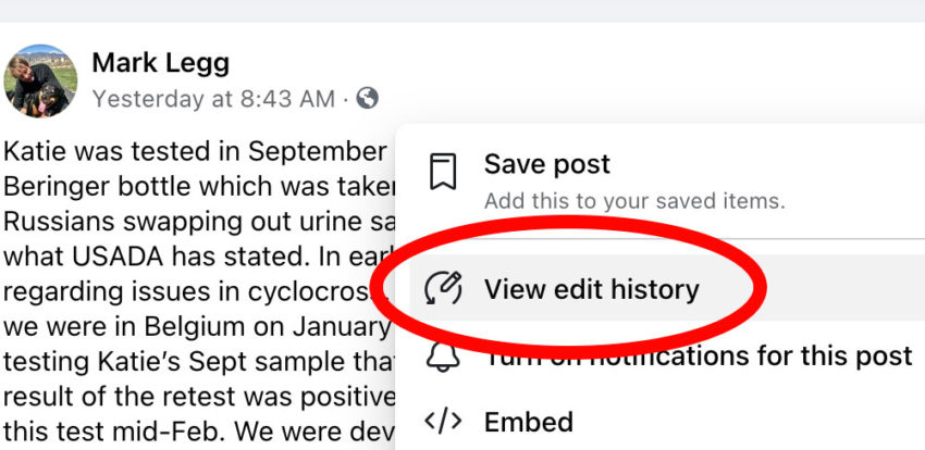 a screenshot of Mark Legg's FB post with the "View Edit History" tool highlighted